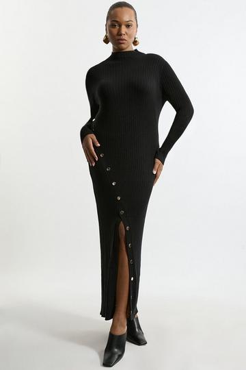 Black Plus Size Viscose Blend Popper Detail Split Knit Midi Dress