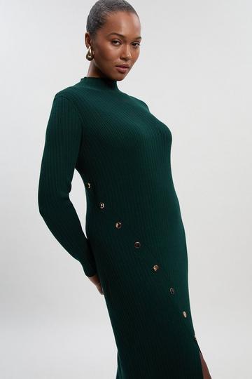 Plus Size Viscose Blend Popper Detail Split Knit Midi Dress forest