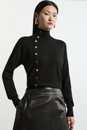 Black Viscose Blend Popper Detail Knit Jumper