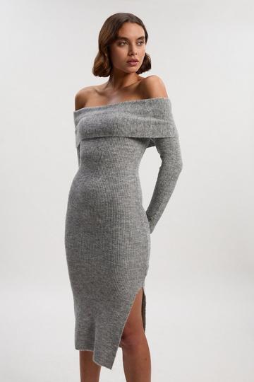 Wool Blend Cosy Bardot Knit Midi Dress grey