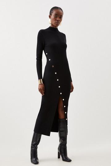 Black Viscose Blend Popper Detail Split Knit Midi Dress
