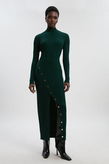 Viscose Blend Popper Detail Split Knit Midi Dress forest