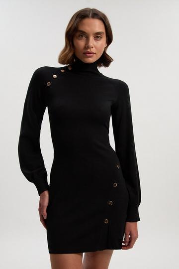 Black Viscose Blend Popper Detail Knitted Mini Dress