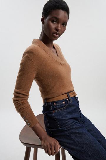 Cashmere V Neck Knitted Jumper chocolate