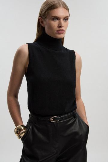Cashmere Wool Blend Sleeveless Roll Neck Knit Top black
