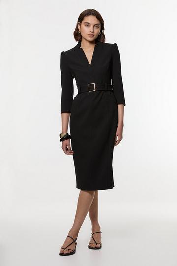 Black Structured Crepe Belted Forever Midi Dress