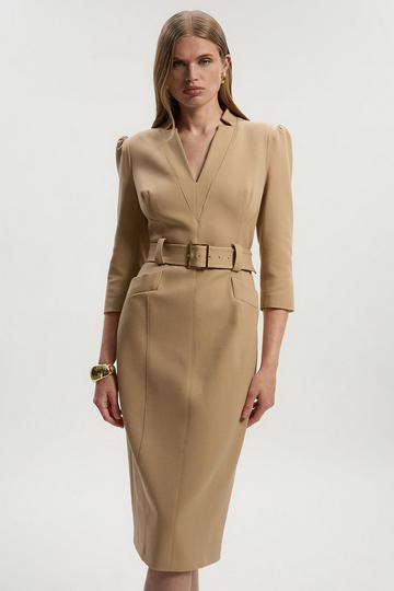 Structured Crepe Belted Forever Midi Dress camel