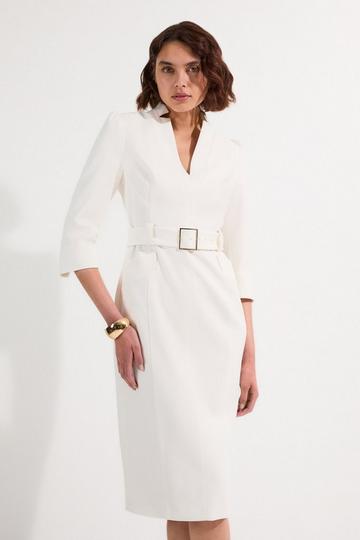 Structured Crepe Belted Forever Midi Dress ivory