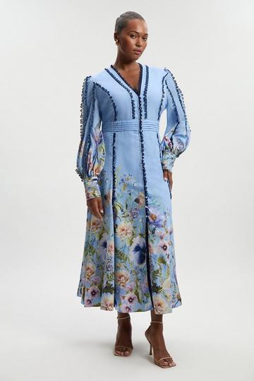 Blue Plus Size Trailing Floral Woven Plunge Maxi Dress