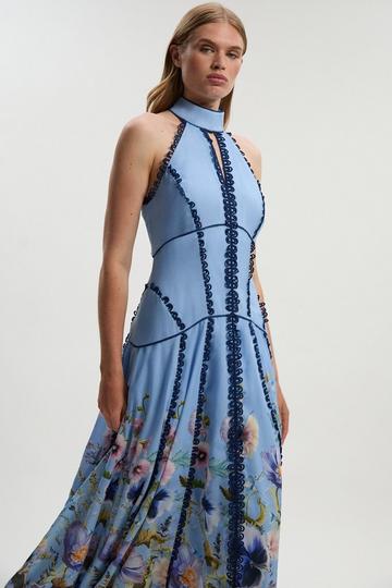 Trailing Floral Woven Halter Neck Maxi Dress blue