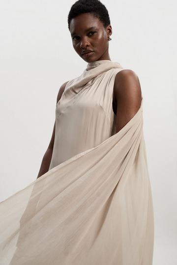 Satin Drape Georgette Cape Detail Midi Dress silver