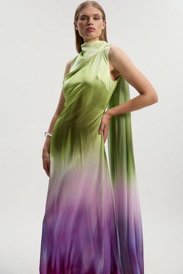 Ombre Satin Drape Georgette Cape Detail Midi Dress multi