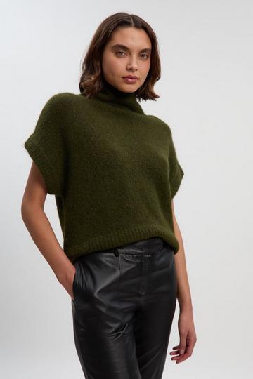 Khaki Cosy Turtle Knit Tank Top