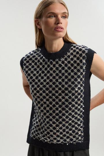 Embellished Cosy Knit Tank Top navy