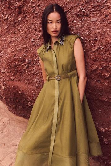 Organdie Shirt Dress With Crystal Embellished Belt khaki