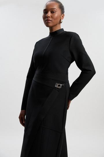 Plus Size Figure Form Bandage Asymmetric Long Sleeve Knit Midi Dress black