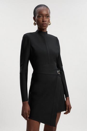 Black Petite Figure Form Bandage Asymmetric Knit Mini Dress