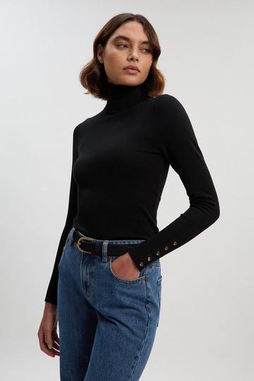 Black Viscose Blend Roll Neck Knit Jumper