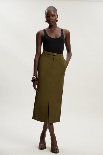 Techno Hardware Detail Woven Midi Pencil Skirt khaki