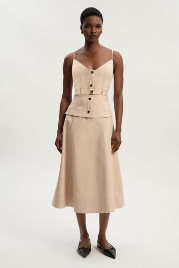 Techno Strappy Belted Hardware Detail Woven Midi Dress stone