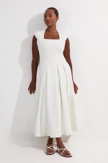 Plus Size Compact Stretch Tailored Square Neck Full Skirted Midi Dress ivory