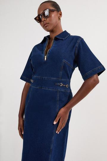 Plus Size Stretch Denim Snaffle Trim Collared Midi Dress mid wash