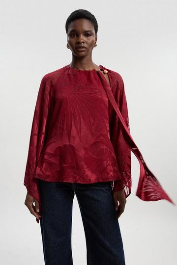 Devoure Flared Sleeve Woven Blouse With Trim Detail burgundy