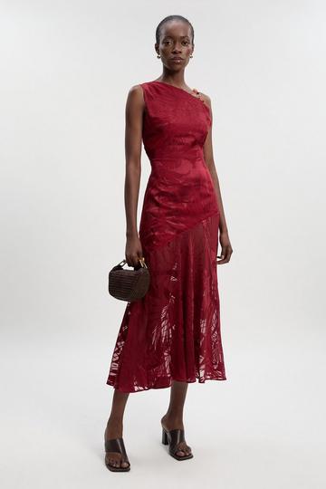Burgundy Red Devoure One Shoulder Woven Maxi Dress With Trim Detail
