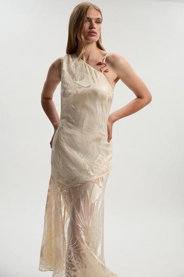 Champagne Beige Devoure One Shoulder Woven Maxi Dress With Trim Detail