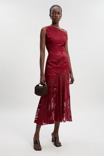 Petite Devoure One Shoulder Woven Maxi Dress With Trim Detail burgundy