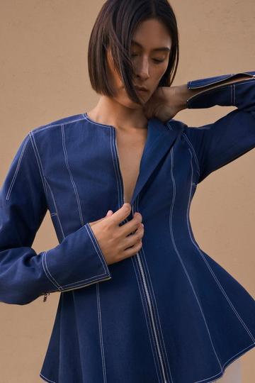 Tencel Cotton Contrast Stitch Zip Front Woven Jacket navy