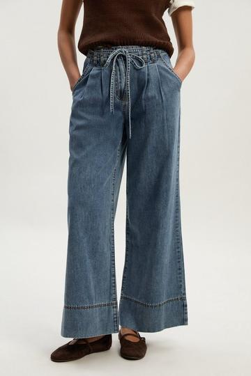 Denim Tie Waist Wide Leg Tailored Trouser light blue