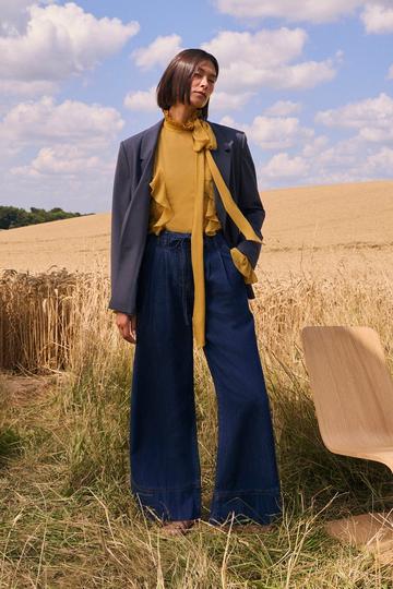 Denim Tie Waist Wide Leg Tailored Trouser mid blue