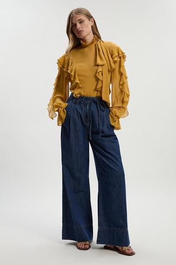 Petite Denim Tie Waist Wide Leg Tailored Trouser mid blue