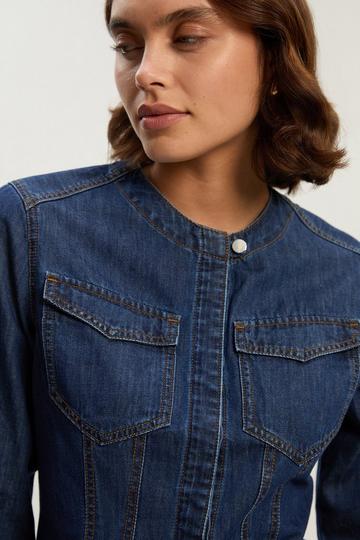 Blue Denim Collarless Tailored Western Shirt