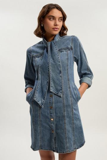 Denim Pussy Bow Shirt Dress light blue