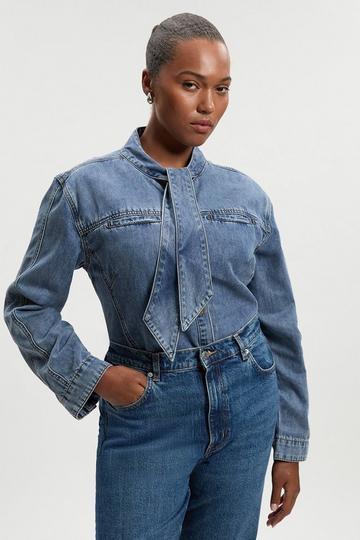 Plus Size Denim Pussy Bow Blouse light blue