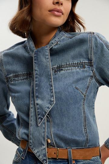 Blue Denim Pussy Bow Blouse