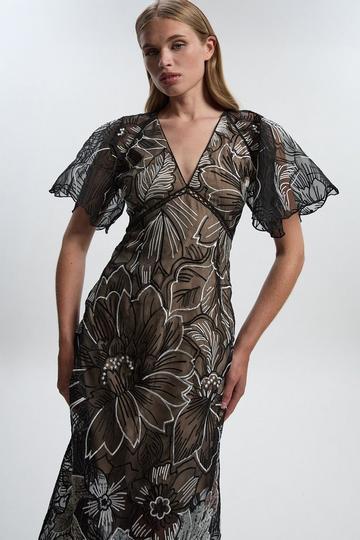 Hand Embroidered And Sequin Organdie Deep V Woven Maxi Dress mono