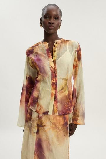 Floral Print Crinkle Georgette Button Detail Woven Blouse floral