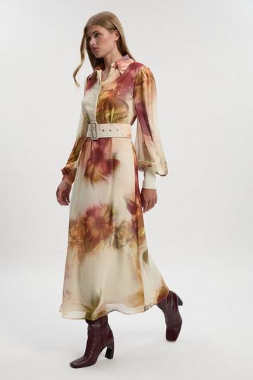 Floral Print Georgette Belted Woven Shirt Dress floral