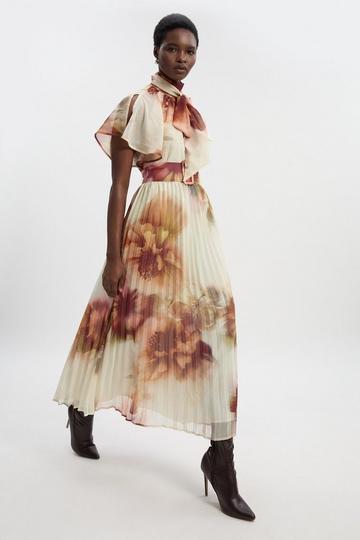 Floral Print Pussy Bow Tie Georgette Belted Woven Midi Dress floral