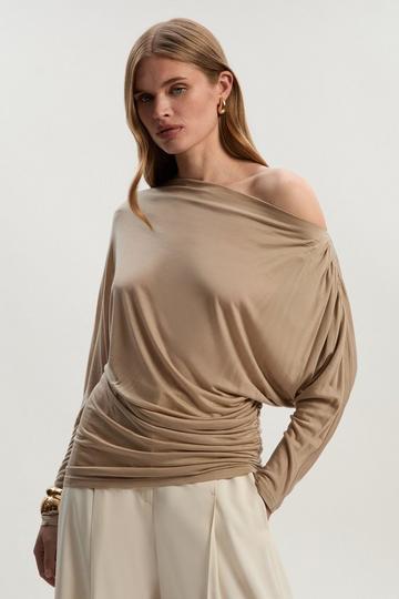 Tencel Ruched Asymmetric Neck Long Sleeve Top neutral