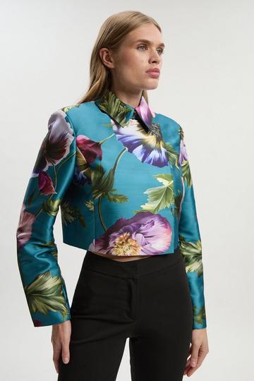 Blue Rose Floral Twill Cropped Woven Jacket
