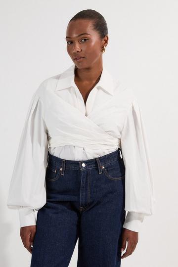 Plus Size Cotton Poplin Drama Sleeve Woven Wrap Detail Blouse white
