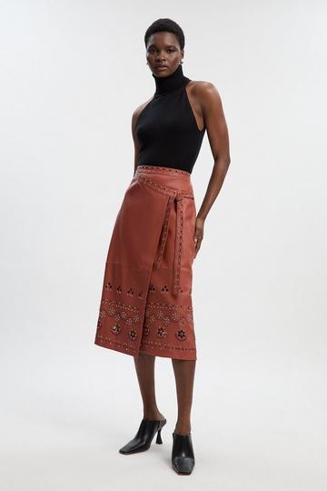 Leather Cut Work & Studded Wrap Pencil Skirt tan