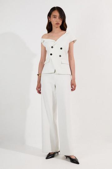 Petite Compact Stretch Asymmetric Collar Wide Leg Tailored Jumpsuit ivory