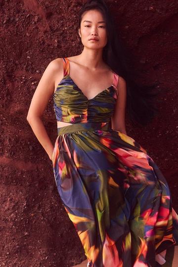 Blurred Floral Drama Woven Taffeta Maxi Dress multi