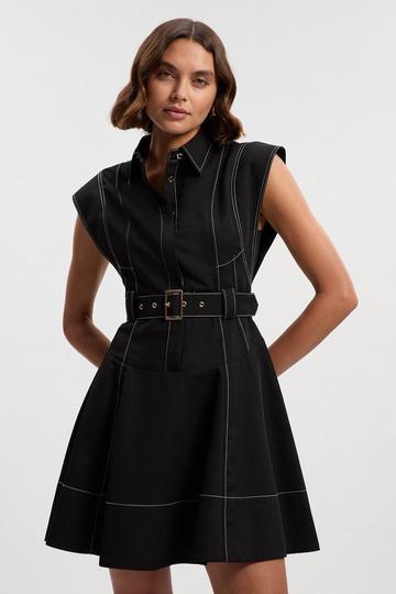 Twill Contrast Hardware High Neck Woven Midi Dress black