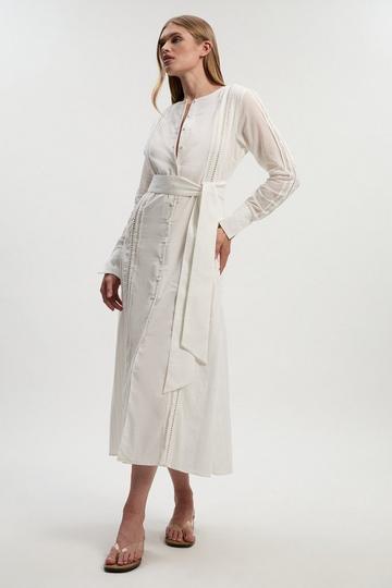 White Cotton With Lace Trim Insert Woven Long Sleeve Midi Dress